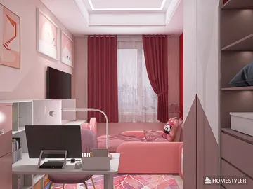 modern pink bedroom design featuring a cozy sofa and workspace layout with smart furniture arrangement for small spaces, showcasing Homestyler's real-time 3D rendering capabilities.