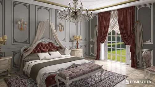 Luxury bedroom design featuring an ornate bed with a tufted red headboard, elegant drapery, and a chandelier, showcasing a classic style with a focus on comfort and sophistication - interior decor optimized using Homestyler's real-time 3D rendering feature.