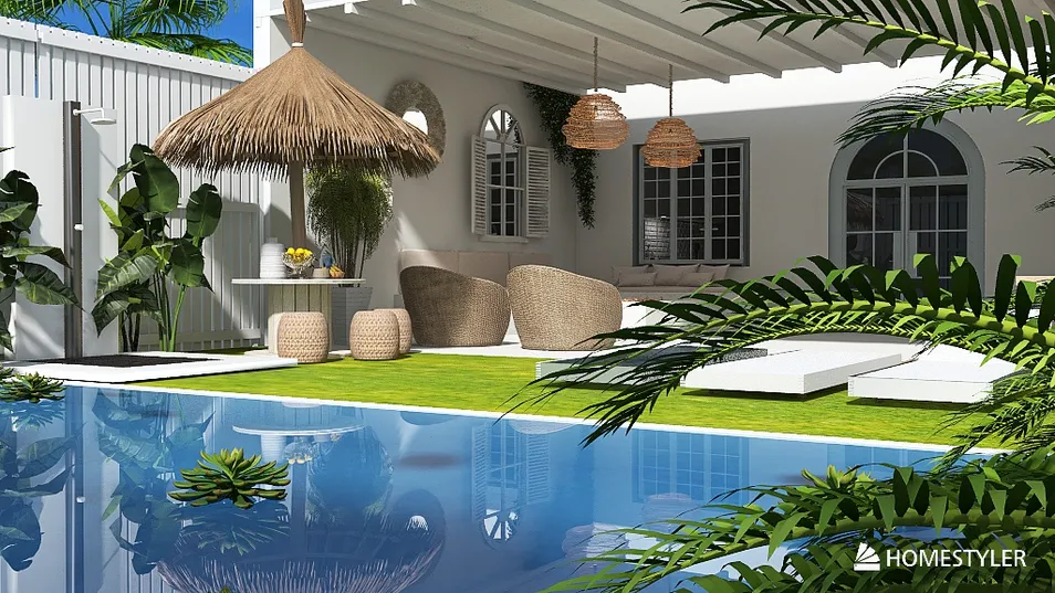 outdoor pool area featuring tropical plants and modern lounge chairs with a natural style, showcasing a virtual design using Homestyler's real-time 3D rendering feature.