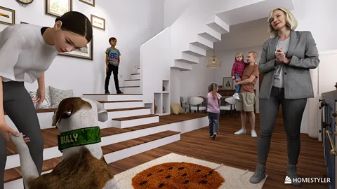 a family interacting in a modern living room while arranging furniture in a cozy style featuring a dog, showcasing the smart furniture arrangement feature of Homestyler for optimizing small spaces