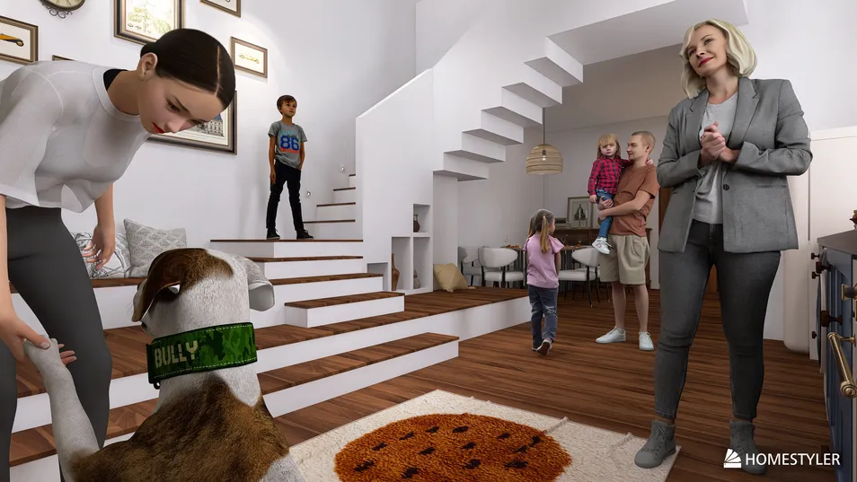 a family interacting in a modern living room while arranging furniture in a cozy style featuring a dog, showcasing the smart furniture arrangement feature of Homestyler for optimizing small spaces