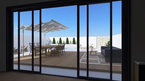 outdoor patio with dining set and lounge area, designed for relaxation, featuring modern elements, showcasing Homstyler's real-time 3D rendering capability