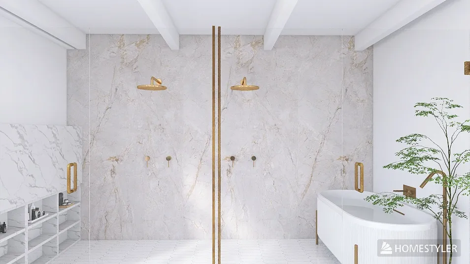 luxurious bathroom design featuring a marble wall, modern fixtures, and a freestanding bathtub styled with elegant gold accents for a sophisticated interior decor experience, utilizing Homestyler's real-time 3D rendering feature.