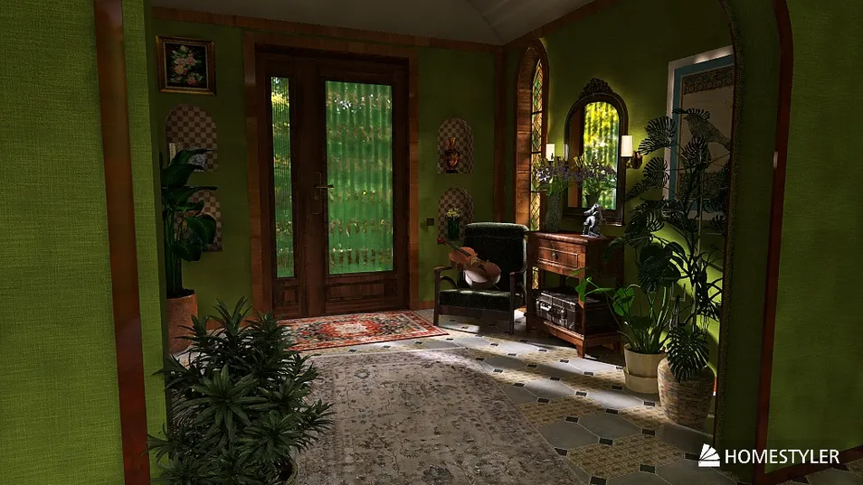 a cozy entryway featuring a vintage armchair and decorative plants, designed using the Homestyler 3D rendering feature for realistic visualization of interior decor styles, bringing warmth and character to the space.
