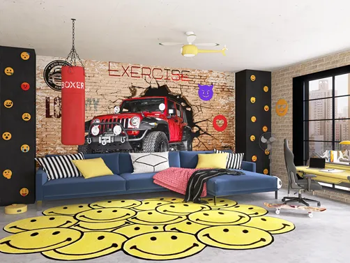 living room with a vintage Jeep mural, featuring modern design elements and a playful style, showcasing the use of Homestyler's 3D rendering feature for a colorful and energetic interior layout.