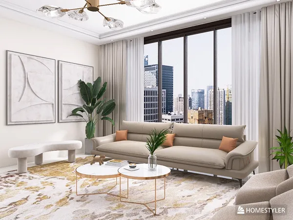 Modern living room design featuring a spacious layout with a neutral color scheme, showcasing a comfortable sofa, coffee tables, and large windows for natural light. Includes a plant for a touch of nature. Interior design concept leveraging Homestyler's real-time 3D rendering feature.