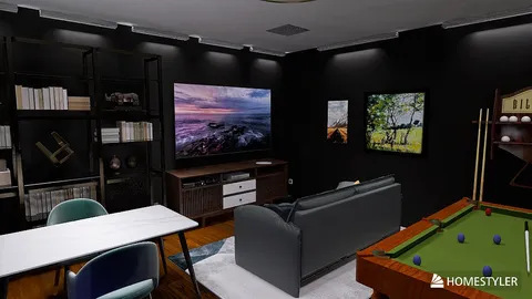 A modern living room featuring a sofa and a pool table, showcasing a sleek design style with dark walls. This interior space exemplifies effective furniture arrangement using Homestyler's smart furniture placement feature.