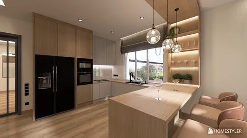 Modern kitchen with a sleek design featuring wooden cabinetry and elegant lighting, showcasing interior decor trends for contemporary spaces; utilizes Homestyler's real-time 3D rendering for a detailed preview.