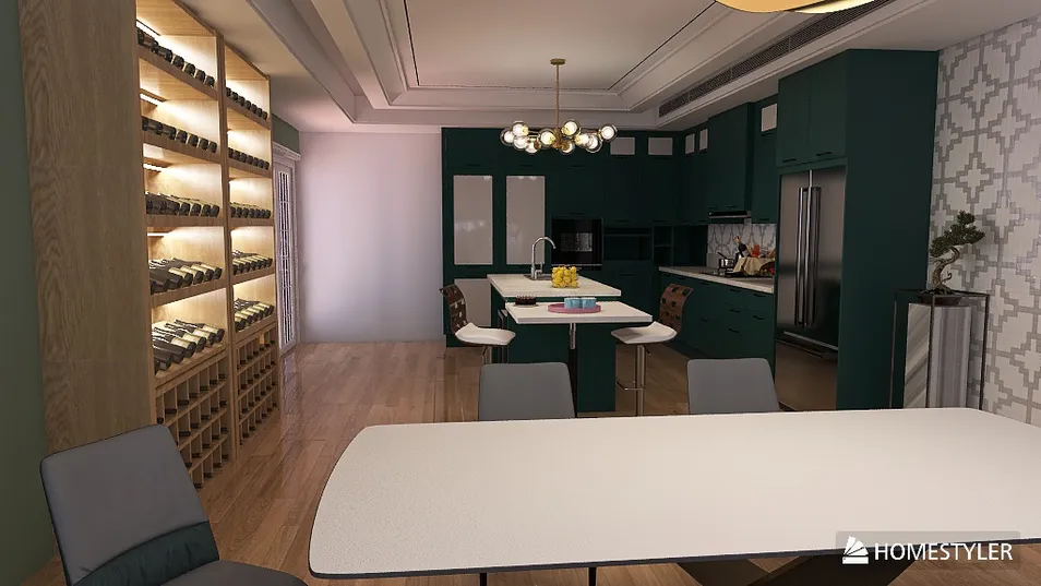 modern kitchen design featuring an island with seating and wine storage wall in an elegant style, showcasing interior decor optimization using Homestyler's real-time 3D rendering feature