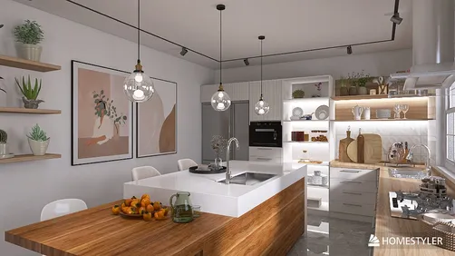 modern kitchen design with open layout featuring wooden cabinets and sleek countertops, showcasing a minimalist style while utilizing Homestyler's real-time 3D rendering for stunning visual previews.