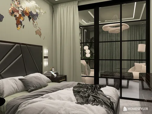 bedroom featuring a globe mural and stylish lighting, showcasing a modern interior design with Homestyler's real-time 3D rendering feature.