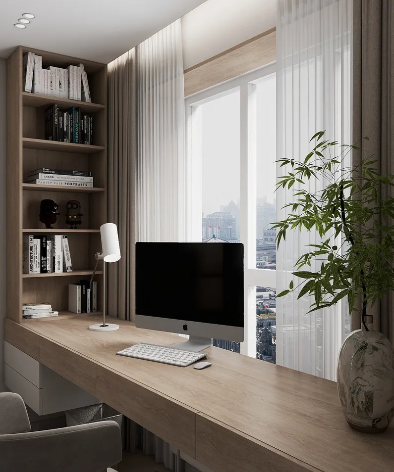 Modern home office featuring a sleek wooden desk with a computer, elegantly styled shelves filled with books, soft curtains, and a plant for a serene workspace ambiance; showcasing interior design optimized using Homestyler's real-time 3D rendering feature.
