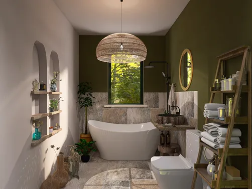 modern bathroom design featuring a freestanding bathtub and a green accent wall, showcasing natural materials and plants, utilizing Homestyler's real-time 3D rendering for a realistic preview.