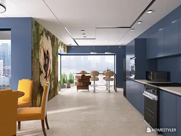 modern kitchen design featuring an open layout with a vibrant mural, showcasing the use of Homestyler's real-time 3D rendering for an immersive cooking space experience.