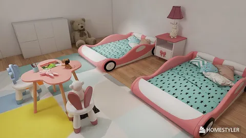 colorful children's bedroom featuring two playful car-shaped beds and a round table with chairs, designed with a cheerful, modern style to optimize space for young ones; showcasing Homestyler's smart furniture arrangement feature.