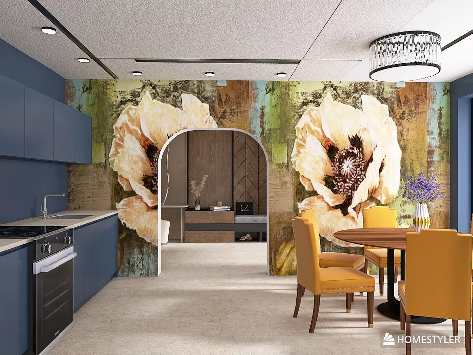 Modern kitchen with floral wall art featuring an archway design optimizing small space, showcasing Homestyler's smart furniture arrangement feature.