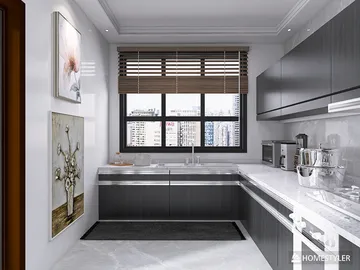 modern kitchen design showcasing smart furniture arrangement with a sleek and contemporary style, enhancing space efficiency using Homestyler's real-time 3D rendering feature