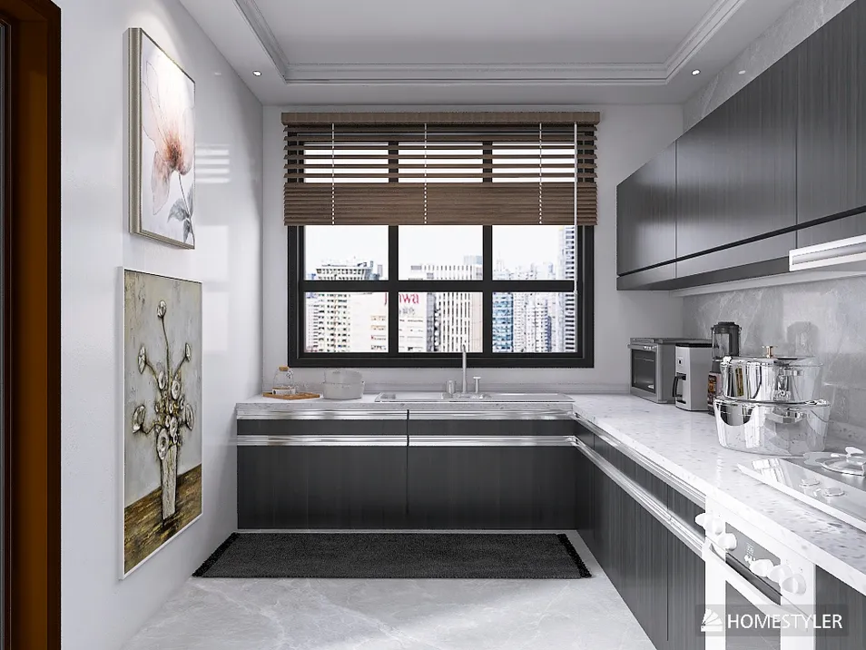 modern kitchen design showcasing smart furniture arrangement with a sleek and contemporary style, enhancing space efficiency using Homestyler's real-time 3D rendering feature