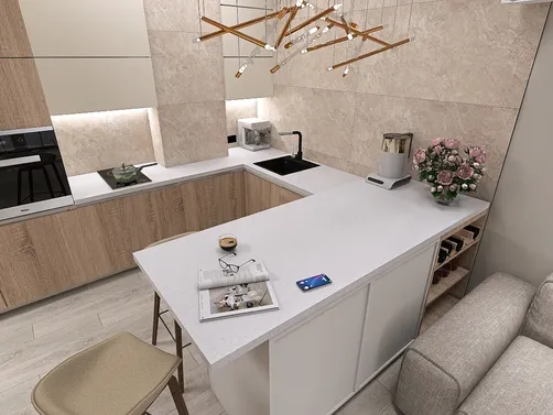 modern kitchen with white countertops and wooden cabinets featuring a cozy dining space and elegant decor, optimized for small spaces using Homestyler's smart furniture placement feature.