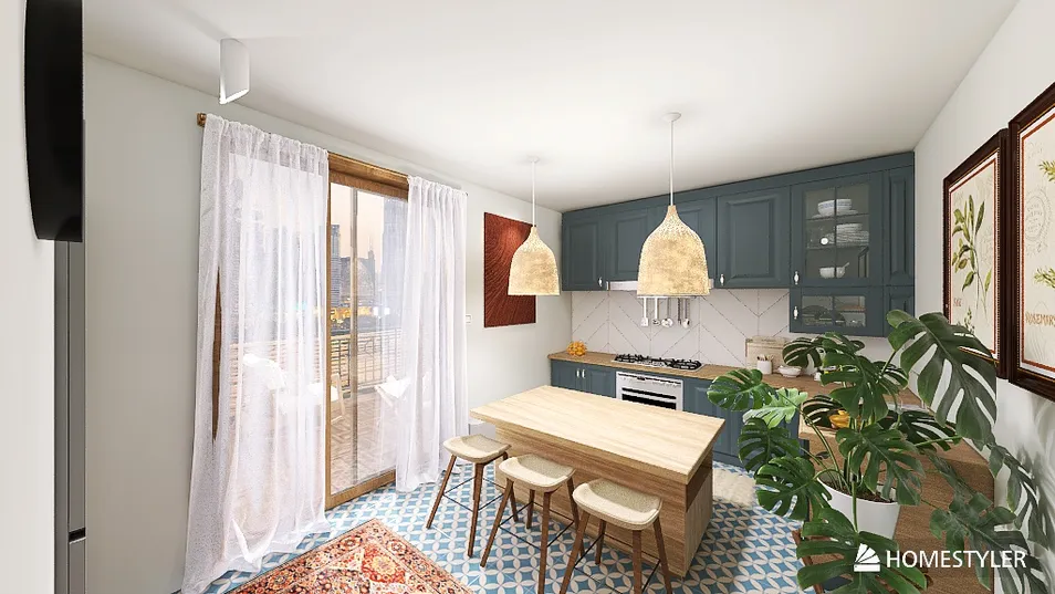 modern kitchen with open layout featuring blue cabinetry and white countertops, designed to enhance small space functionality, showcasing Homestyler's real-time 3D rendering feature.