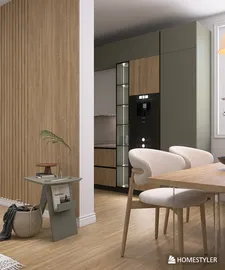 modern kitchen with efficient furniture arrangement showcasing minimalist style and enhancing small space functionality using Homestyler's real-time 3D rendering feature.