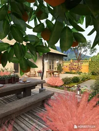 outdoor dining area with a wooden table and chairs surrounded by lush greenery and decorative plants, featuring Homestyler's real-time 3D rendering for an enhanced garden design experience.