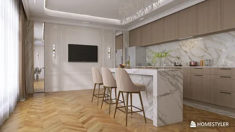 modern kitchen design featuring a marble island and wooden cabinetry with a focus on functionality and elegance, showcasing Homestyler's real-time 3D rendering feature.