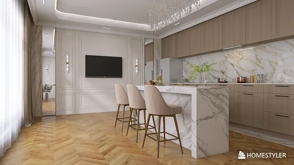 modern kitchen design featuring a marble island and wooden cabinetry with a focus on functionality and elegance, showcasing Homestyler's real-time 3D rendering feature.