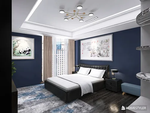 Modern bedroom design featuring a stylish bed arrangement with a sleek headboard, complemented by navy blue wall accents, showcasing a cozy and inviting space using Homestyler's real-time 3D rendering.
