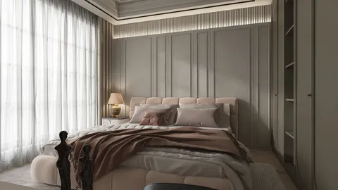 cozy bedroom showcasing a modern design with soft textiles, featuring smart furniture arrangement to optimize space utilization, utilizing Homestyler's real-time 3D rendering for visualizing interior design.
