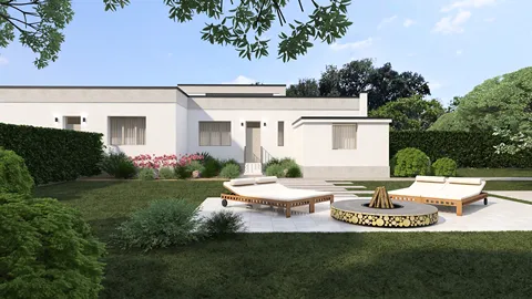 outdoor seating area with lounge chairs and a fire pit surrounded by greenery in a modern garden design; ideal for enhancing outdoor living spaces using Homestyler's real-time 3D rendering feature.