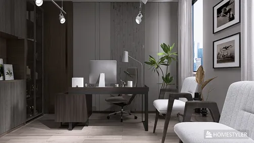 modern office design showcasing a sleek desk setup in a contemporary style promoting productivity, featuring Homestyler's real-time 3D rendering for accurate design previews.