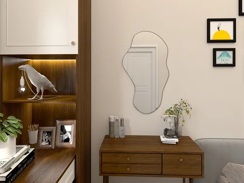 Wooden shelf featuring decor items, styled with a modern mirror, creating a cozy and minimalist aesthetic in a living room, highlighting Homestyler's real-time 3D rendering feature.