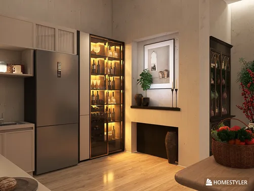 modern kitchen featuring a stylish refrigerator and glass cabinet showcasing decorative bottles, designed for efficient space utilization, highlighting Homestyler's real-time 3D rendering capability