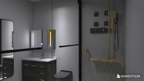Modern bathroom design featuring a sleek shower area and minimalistic vanity, showcasing a contemporary aesthetic for interior decoration, rendered using Homestyler's real-time 3D rendering