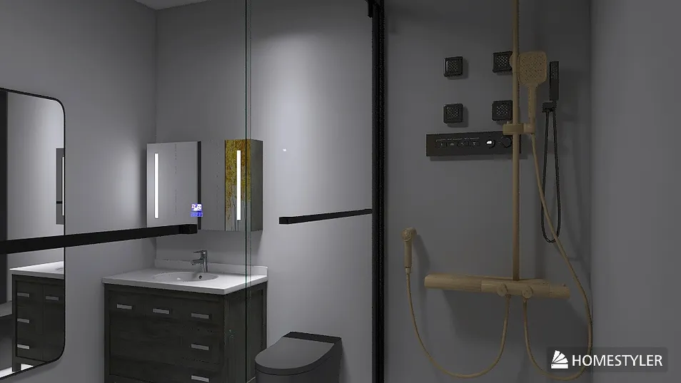 Modern bathroom design featuring a sleek shower area and minimalistic vanity, showcasing a contemporary aesthetic for interior decoration, rendered using Homestyler's real-time 3D rendering