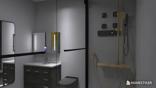 Modern bathroom design featuring a sleek shower area and minimalistic vanity, showcasing a contemporary aesthetic for interior decoration, rendered using Homestyler's real-time 3D rendering