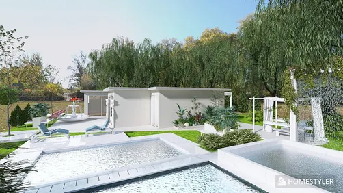 modern outdoor garden design with swimming pools and lounge chairs surrounded by greenery showcasing Homestyler's real-time 3D rendering feature