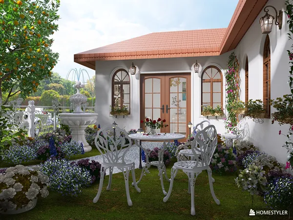 Exterior garden scene featuring a charming house with a patio area, showcasing modern outdoor furniture arrangement with floral decor; enhancing outdoor living space design using Homestyler's real-time 3D rendering feature.