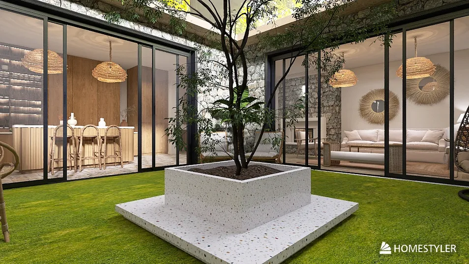 A modern interior courtyard featuring a central planter with a tree, showcasing a contemporary design style, enhancing the indoor-outdoor connection, utilizing Homestyler's AR virtual furniture placement feature.