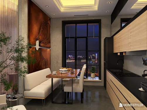 Stylish modern dining area with a sleek kitchen layout featuring a wooden dining table and upholstered chairs, captured in a contemporary design showcasing the efficient use of space with Homestyler's real-time 3D rendering.