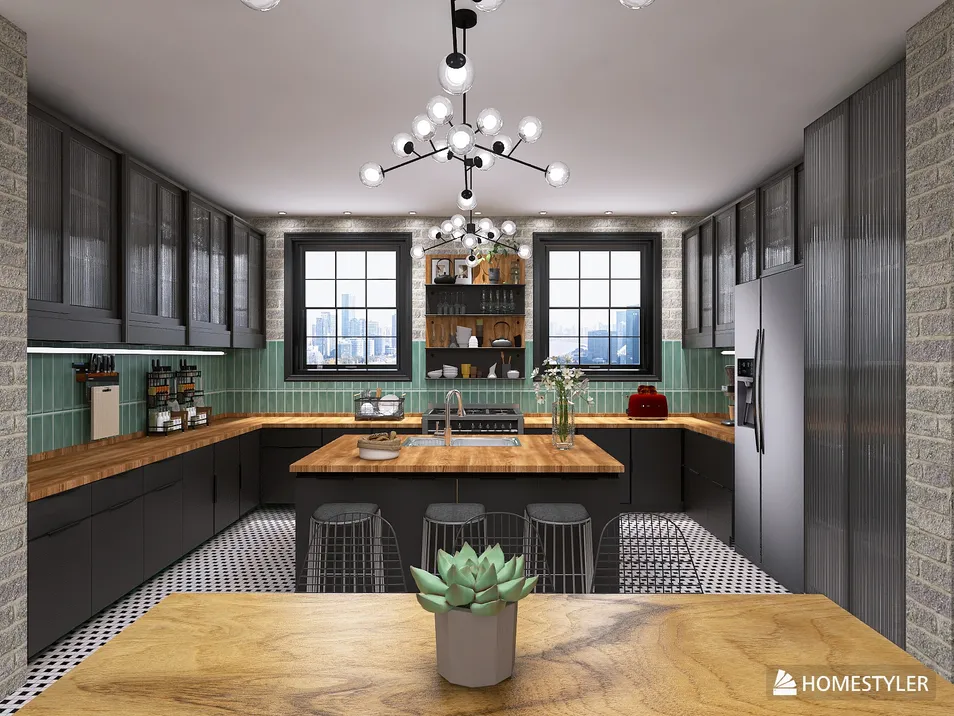 Stylish kitchen featuring a wooden island and modern appliances designed using Homestyler's real-time 3D rendering for optimal layout and aesthetics.