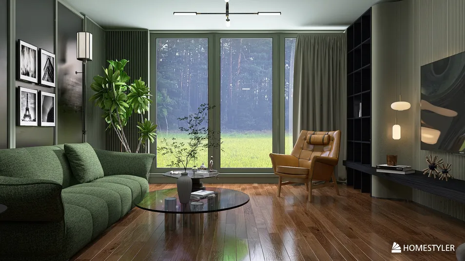 living room with a green sofa and wooden floor featuring modern decor, showcasing a serene view through large windows, designed using Homestyler's real-time 3D rendering for accurate interior decoration visualization.