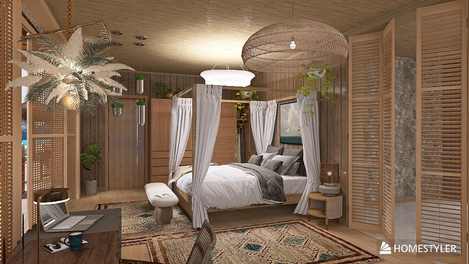 bedroom design featuring a canopied bed with natural materials, showcasing a cozy bohemian style, optimized for user experience with Homestyler's real-time 3D rendering feature.
