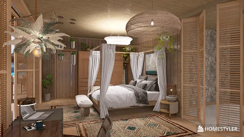 bedroom design featuring a canopied bed with natural materials, showcasing a cozy bohemian style, optimized for user experience with Homestyler's real-time 3D rendering feature.