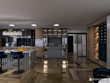 modern kitchen interior design showcasing smart furniture arrangement with a sleek, contemporary style emphasizing space efficiency, utilizing Homestyler's real-time 3D rendering feature.
