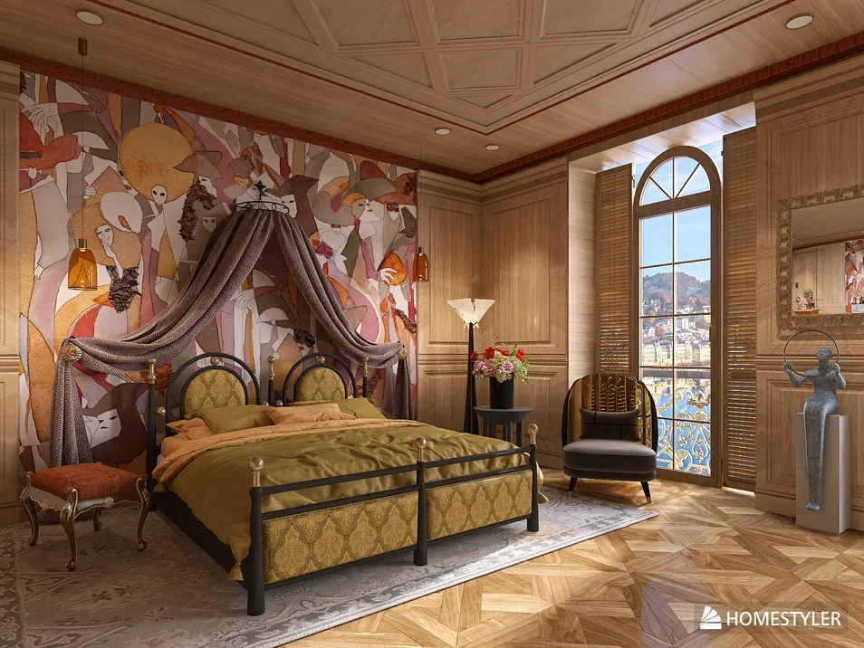 luxurious bedroom design featuring a vintage bed with floral bedding, decorated wall murals, and elegant wooden accents, showcasing interior decor principles with Homestyler's real-time 3D rendering functionality.