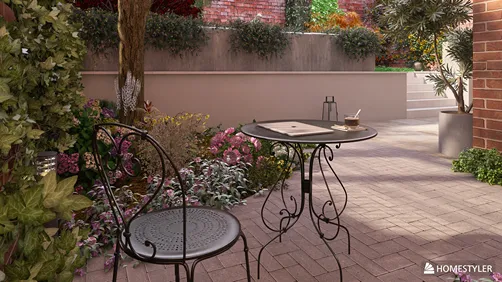outdoor seating area featuring a small bistro table and chair surrounded by vibrant flowers and greenery in a cozy garden style, showcasing Homestyler's real-time 3D rendering feature for landscaping design visualization.