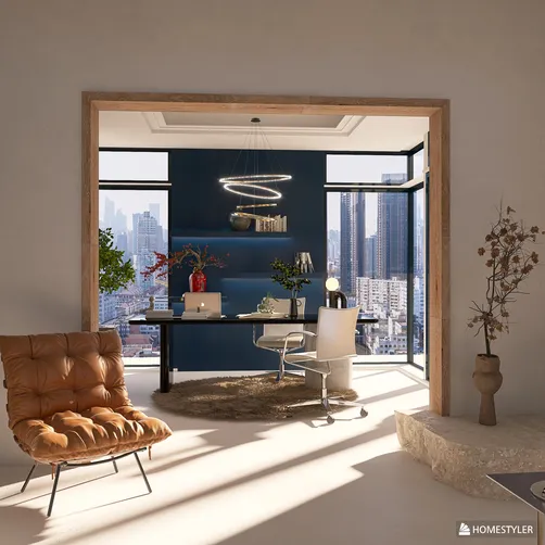 modern home office with sleek furniture and large windows showcasing skyline views, designed using Homestyler's real-time 3D rendering feature for interactive design proposals