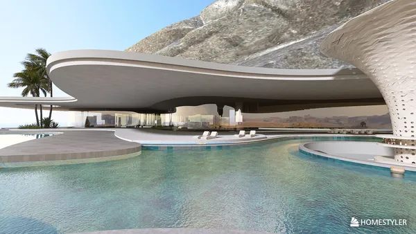 modern architecture poolside design showcasing a luxurious outdoor space with a curved structure and tropical plants, ideal for enhancing comfort in an outdoor living area using Homestyler's real-time 3D rendering feature.